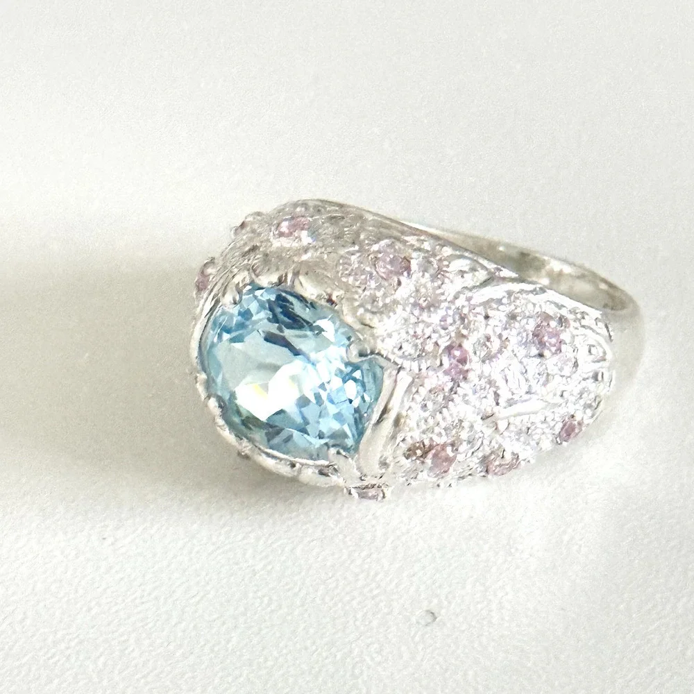 David Sigal 925 Sterling Silver Genuine Blue Topaz Pink CZ Statement Ring Size 9